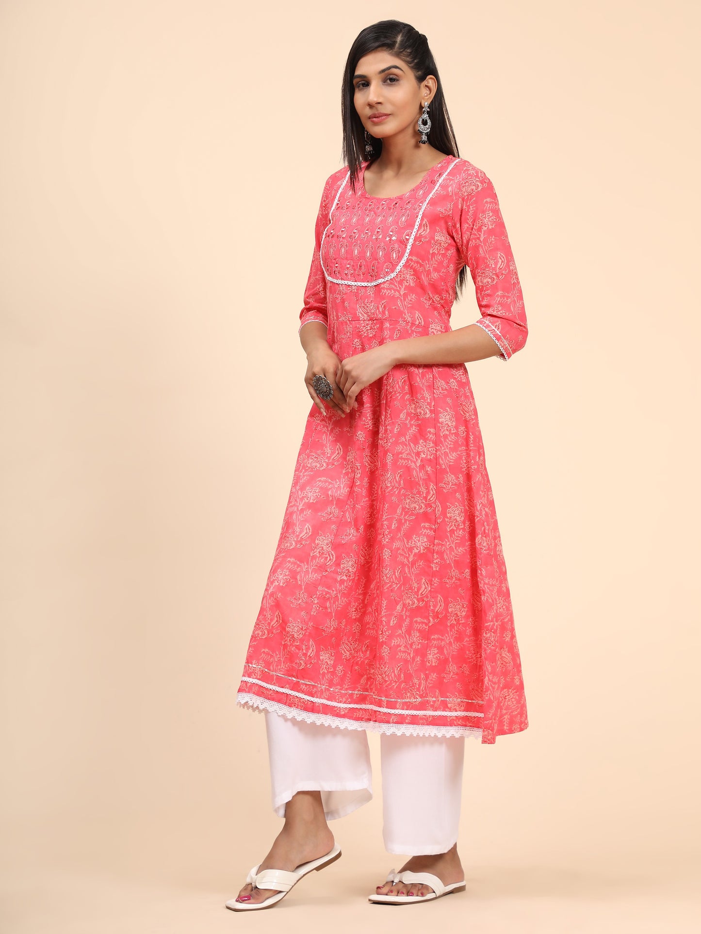 Pink Embroidered A-Line Cotton Kurta