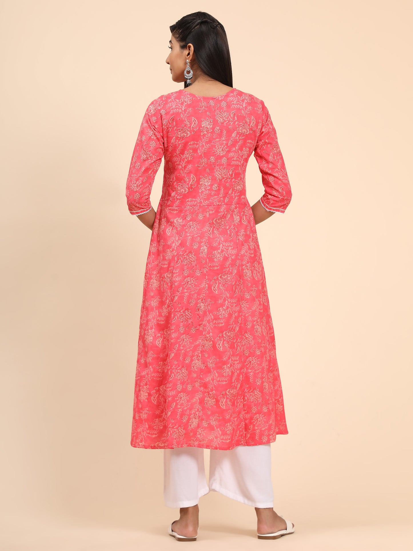 Pink Embroidered A-Line Cotton Kurta