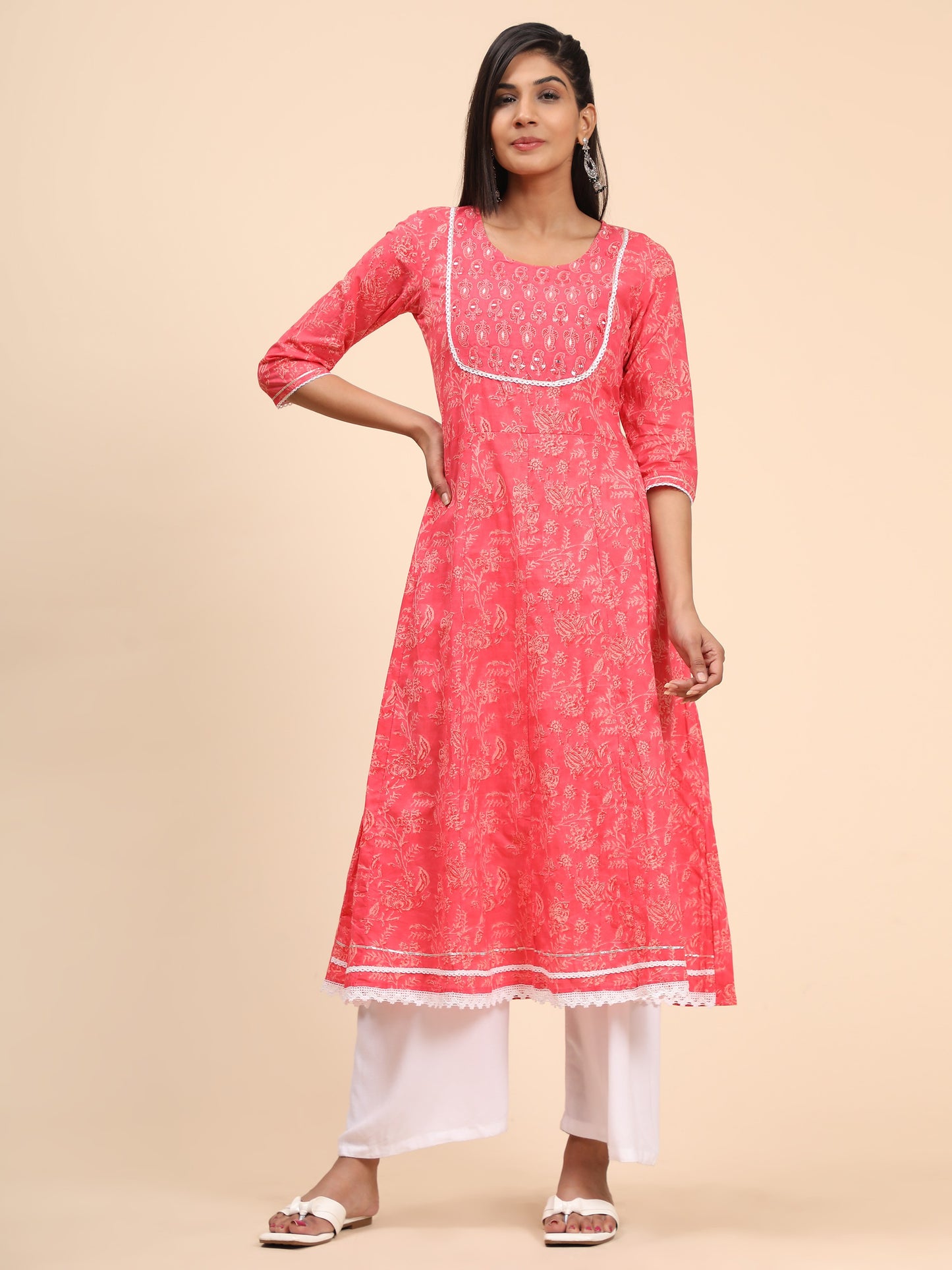 Pink Embroidered A-Line Cotton Kurta