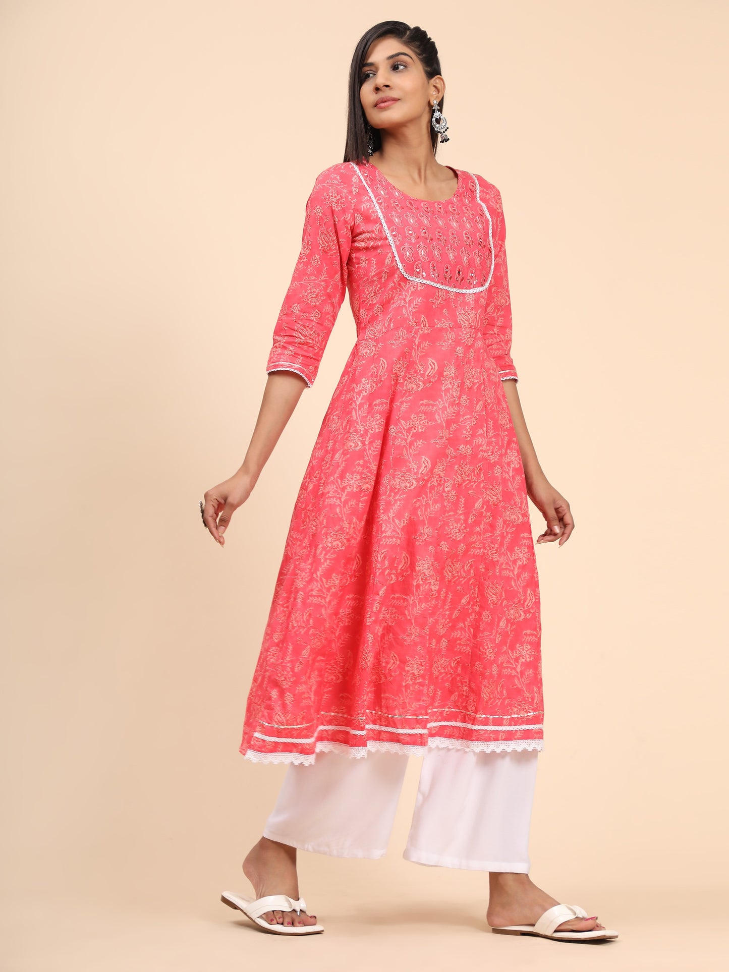 Pink Embroidered A-Line Cotton Kurta