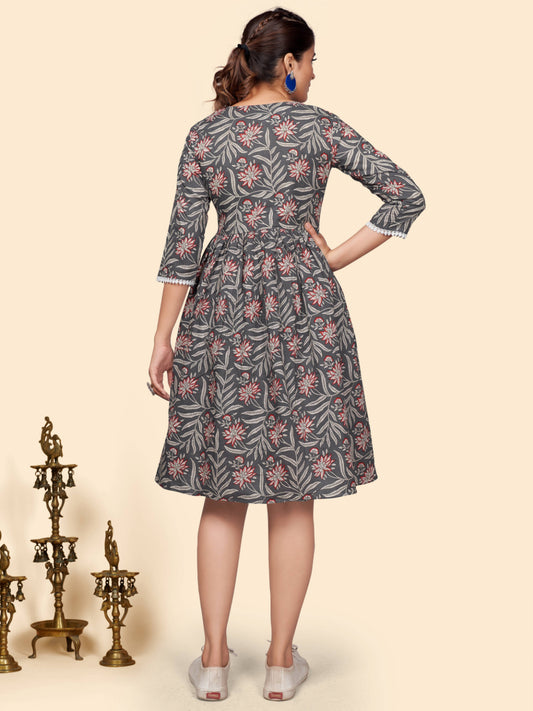 Grey Printed Flared Cotton Dress