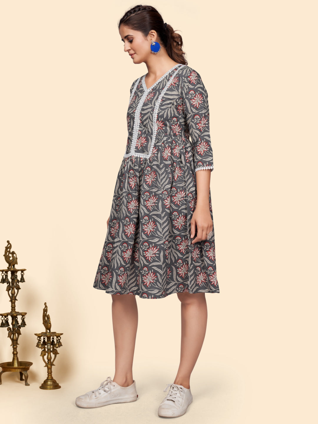 Grey Printed Flared Cotton Dress
