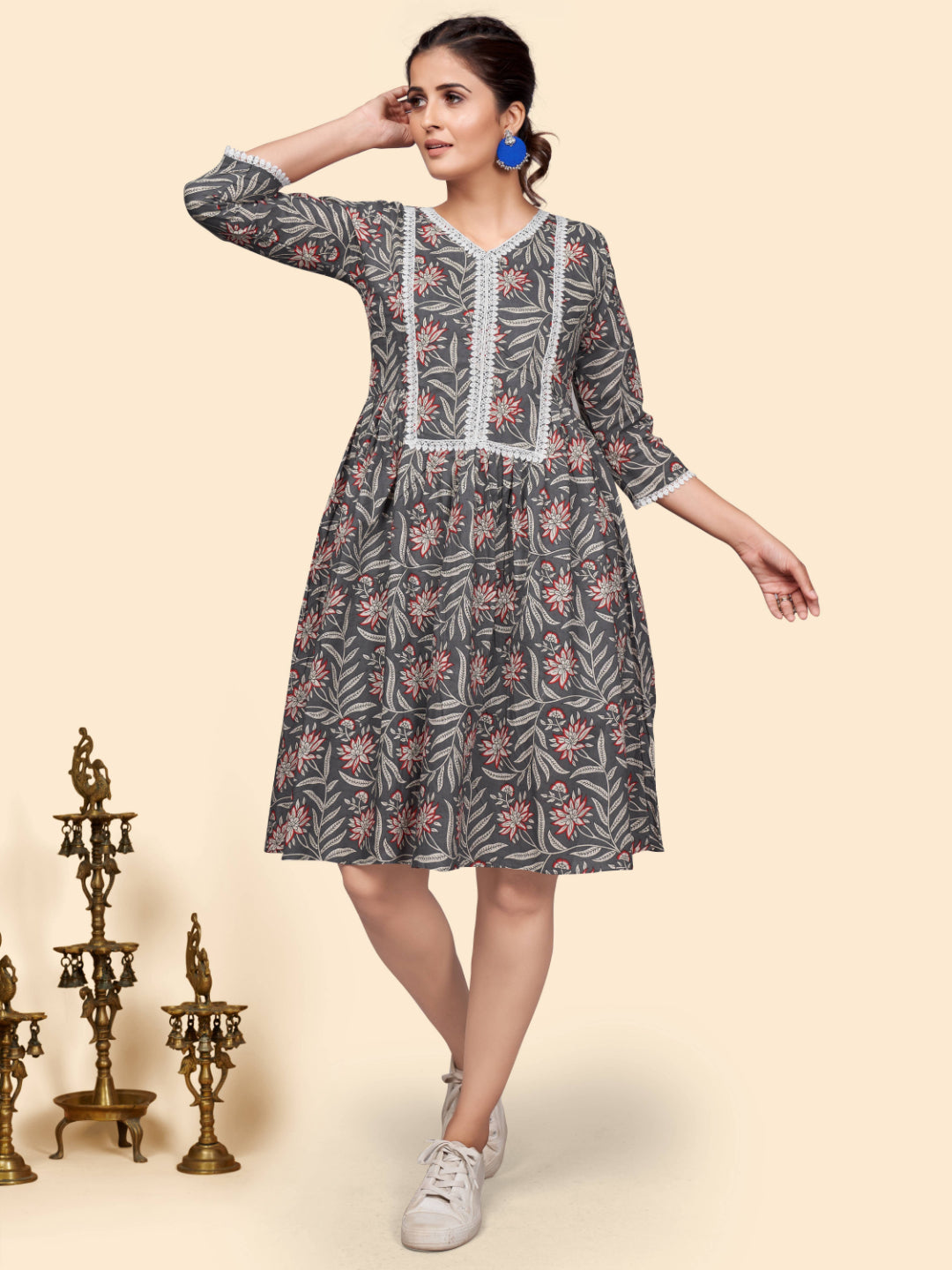 Grey Printed Flared Cotton Dress