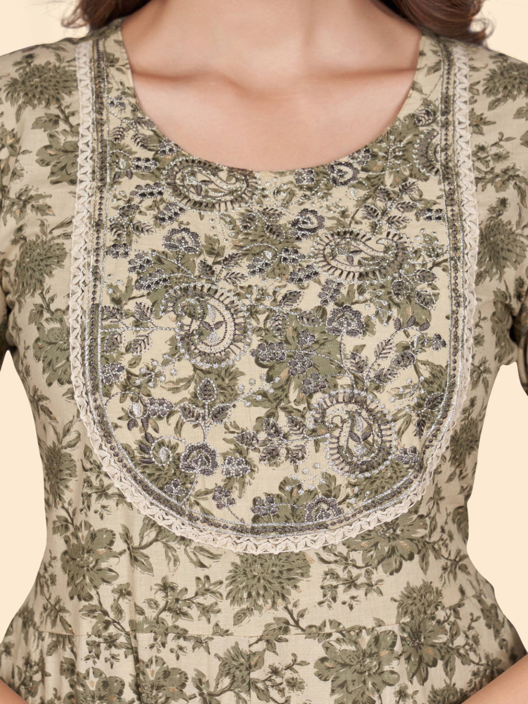 Mahendi Green Embroidered A-Line Cotton Kurta