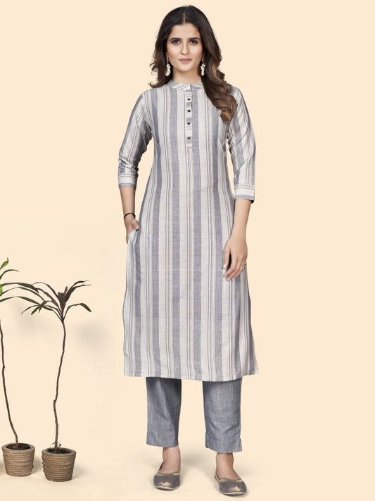 Grey Printed Straight Cotton Blend Kurta With Pant