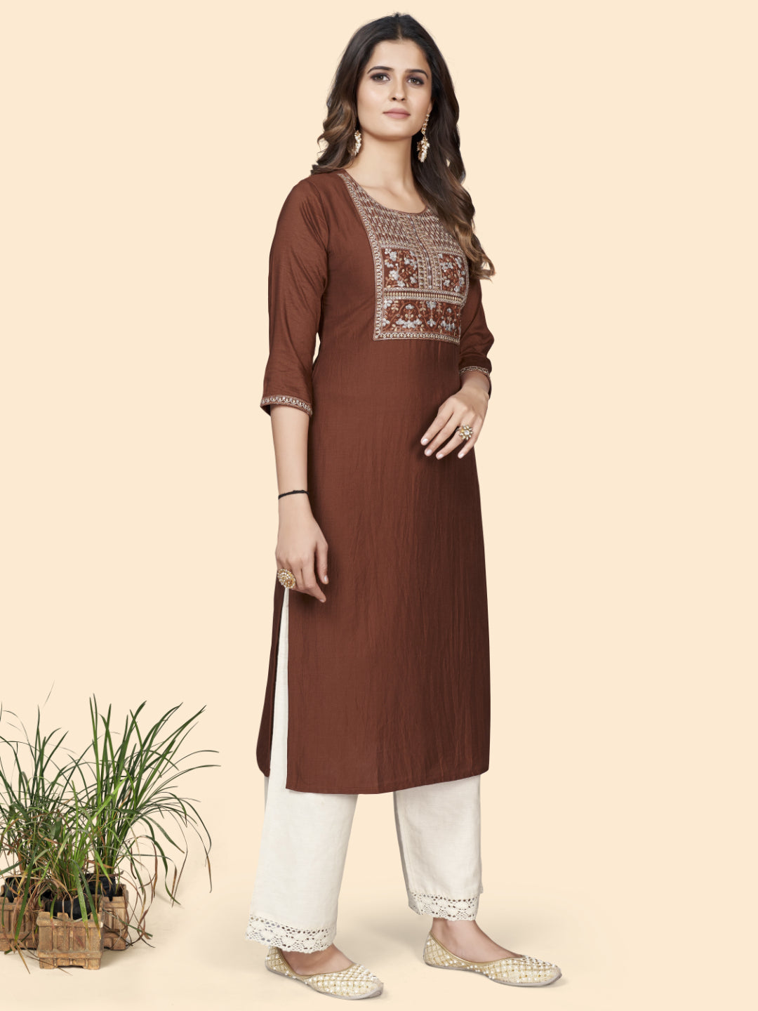 Brown Embroidered Straight Chinon Kurta