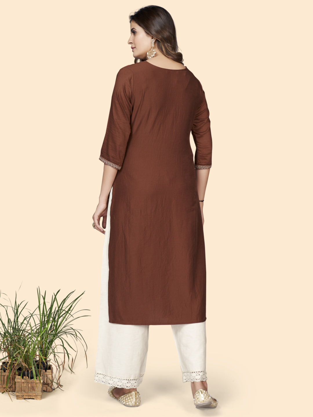 Brown Embroidered Straight Chinon Kurta