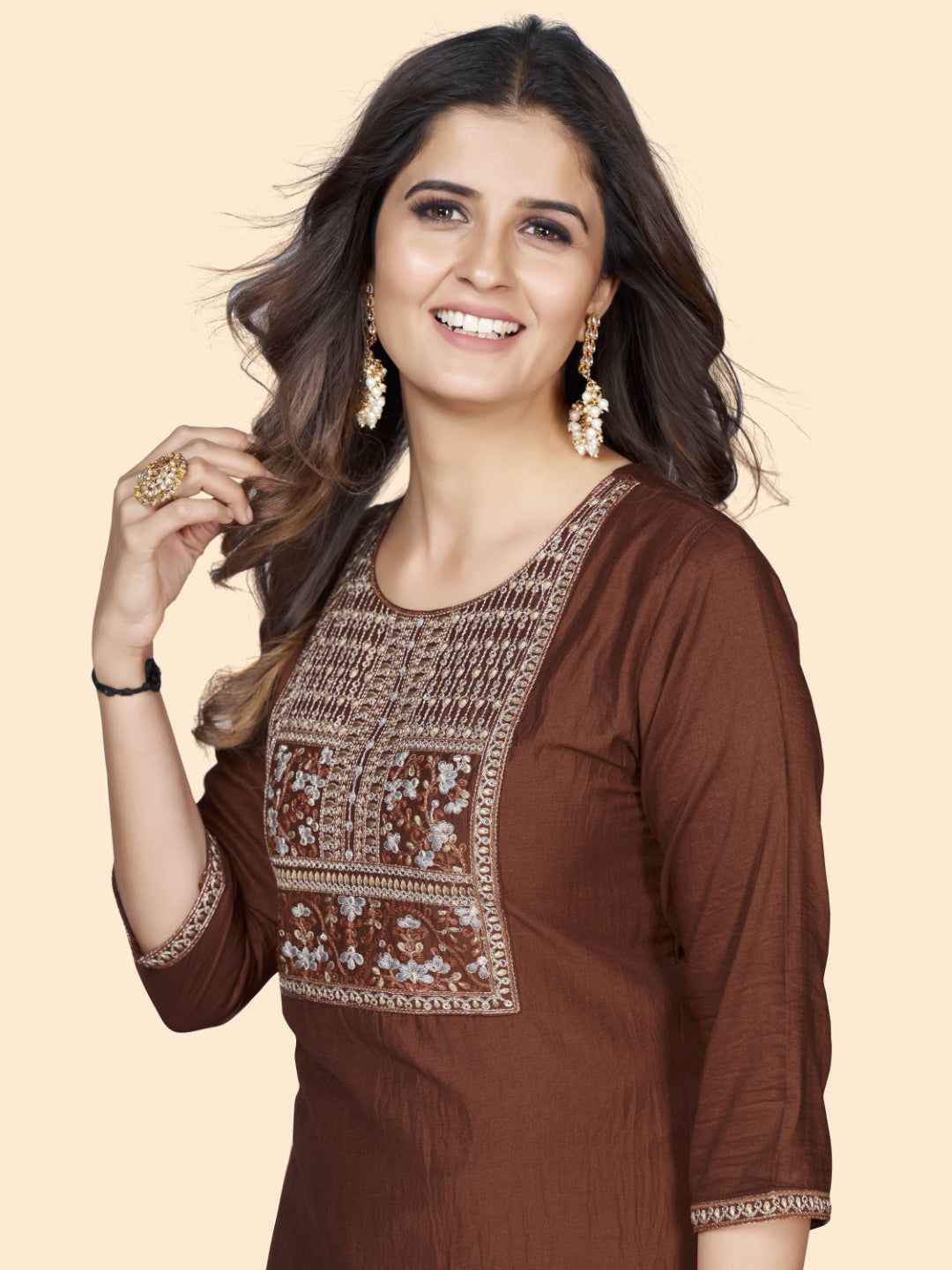 Brown Embroidered Straight Chinon Kurta