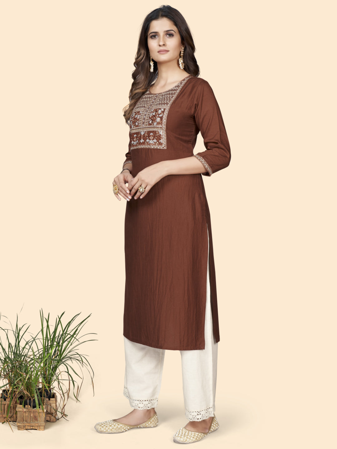 Brown Embroidered Straight Chinon Kurta