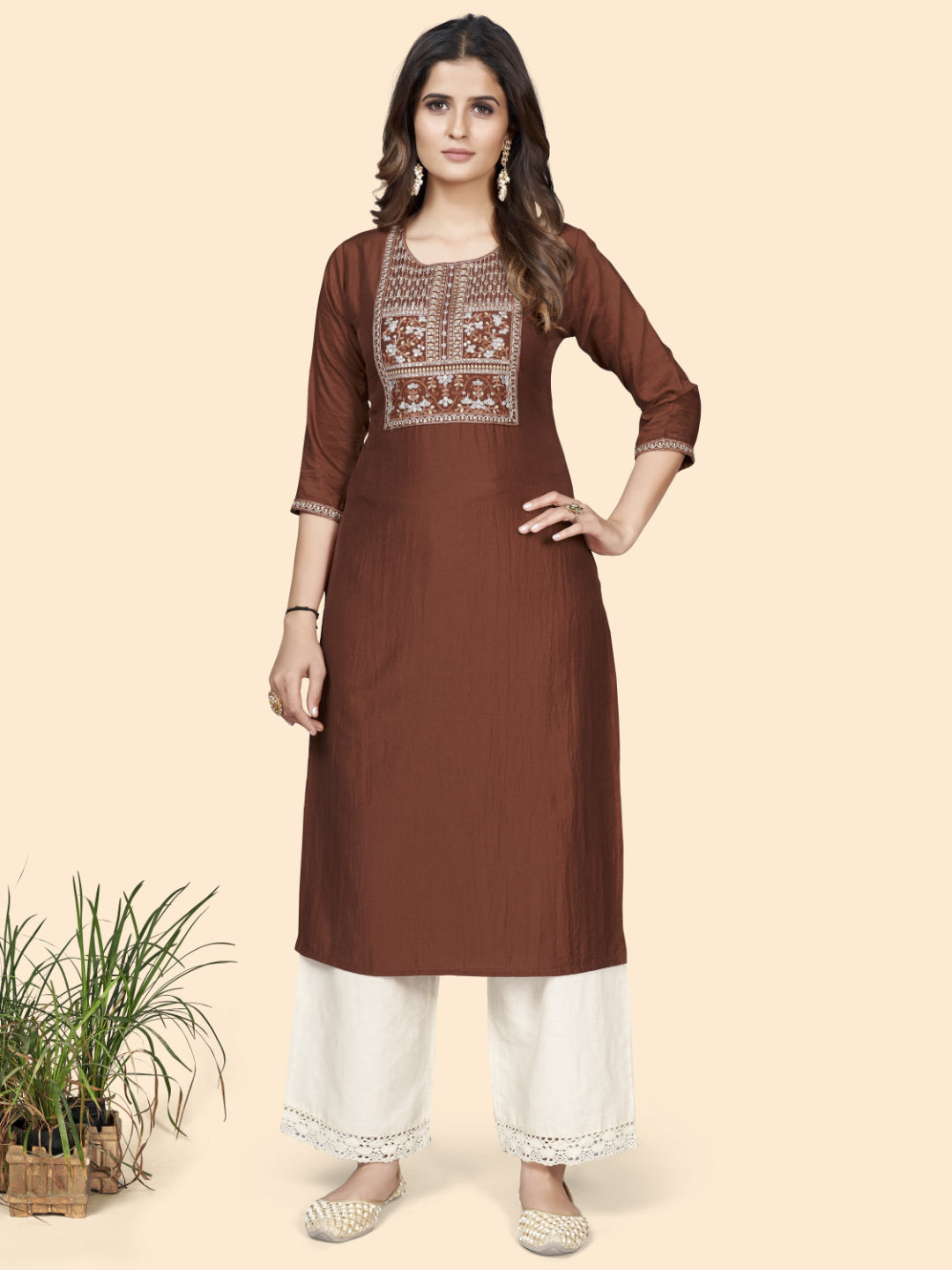 Brown Embroidered Straight Chinon Kurta