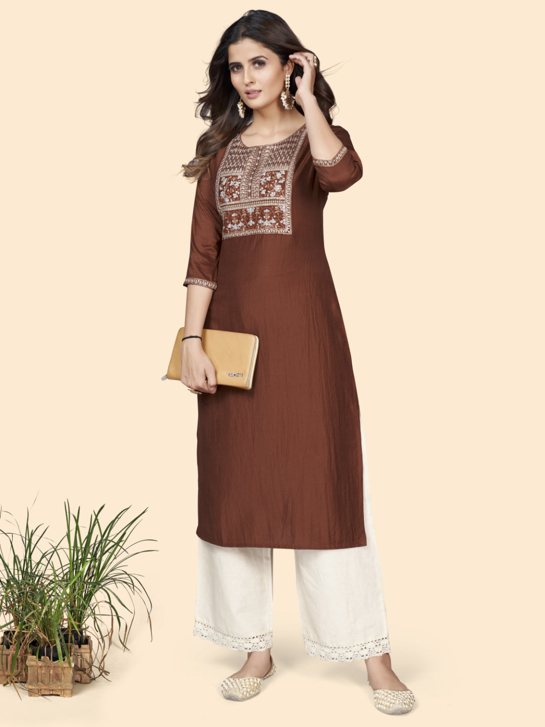 Brown Embroidered Straight Chinon Kurta
