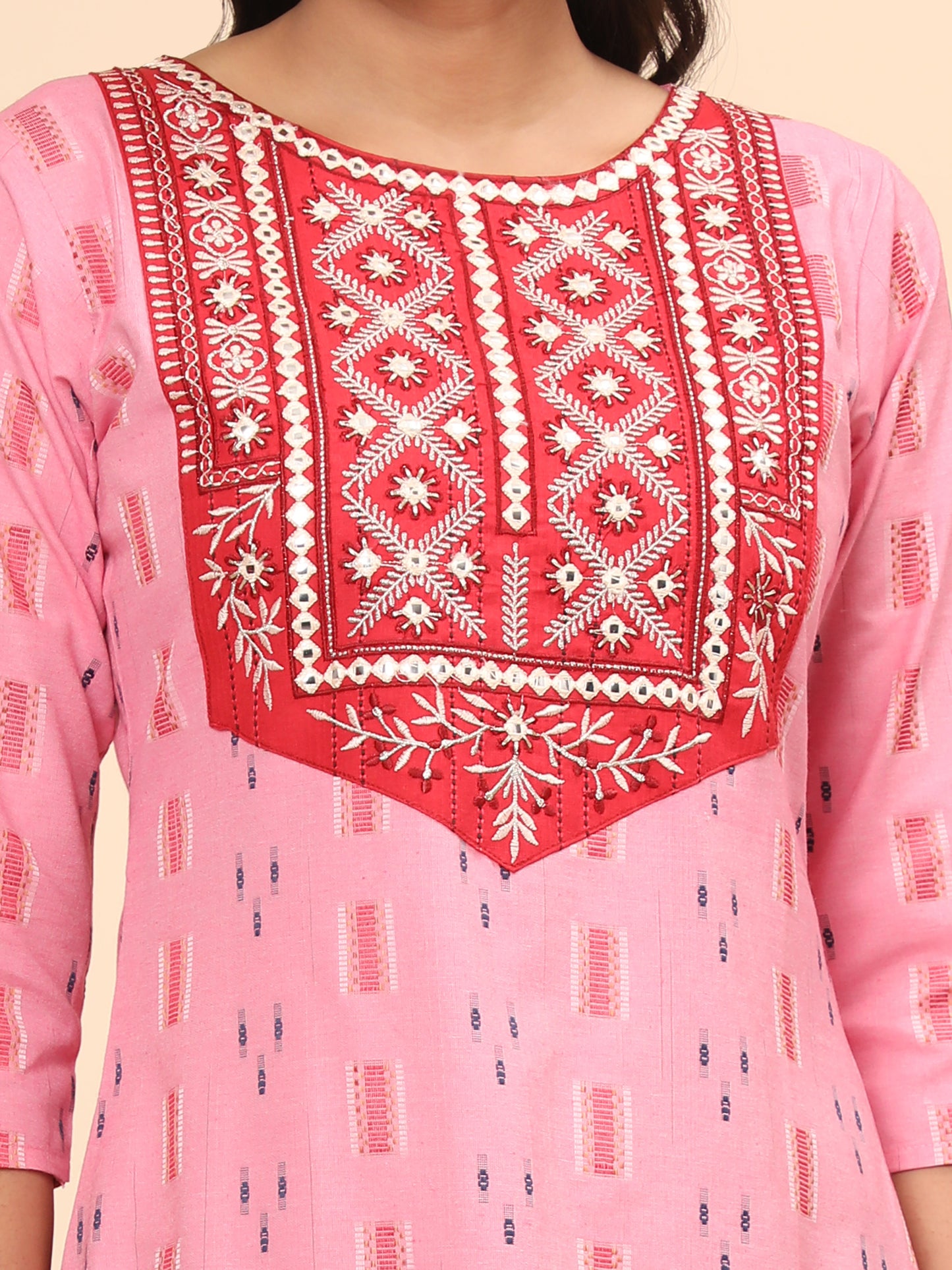 Pink Embroidered Straight Cotton Stitched Kurta Set