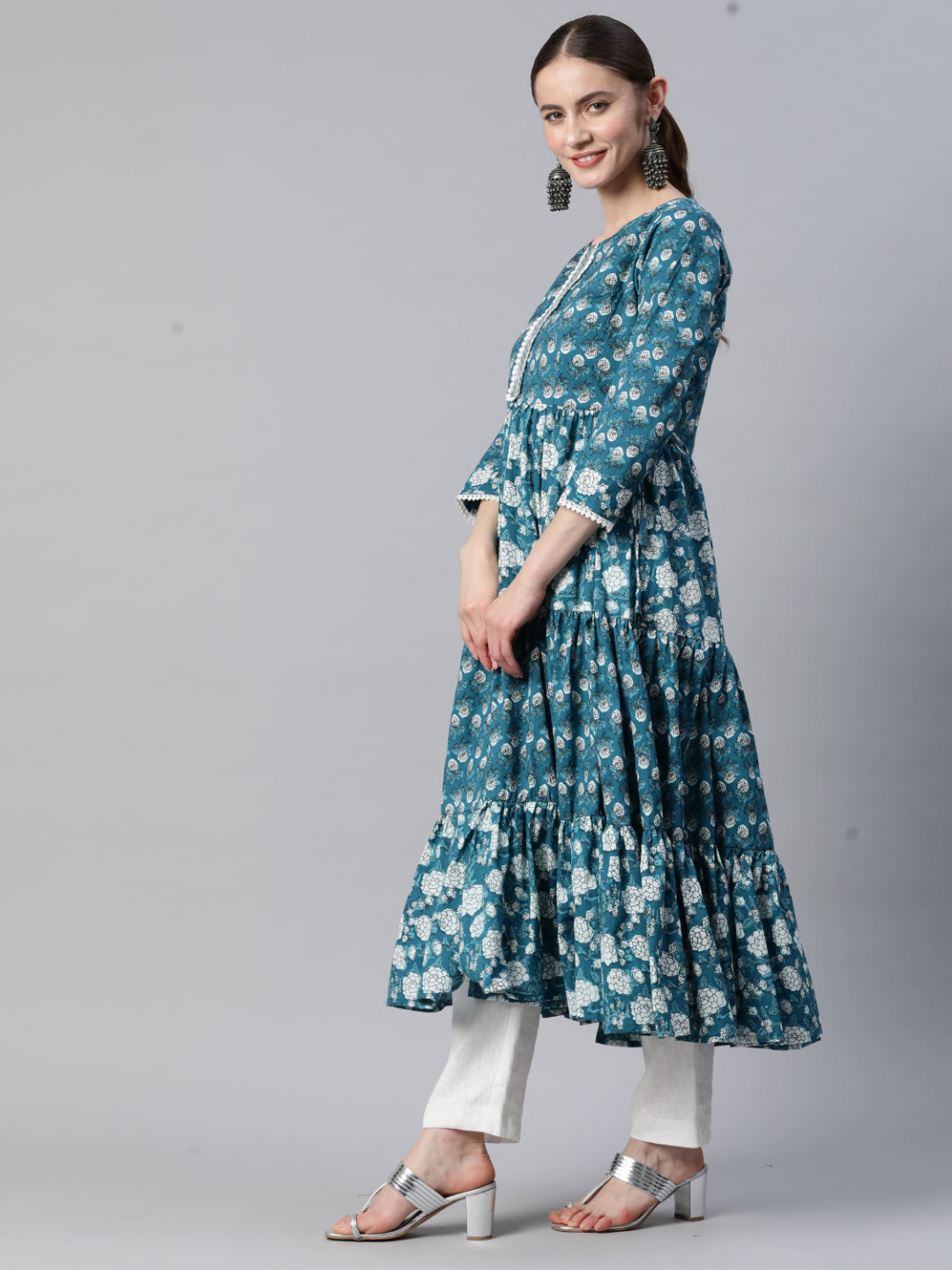 Teal Blue Anarkali Cotton Kurta
