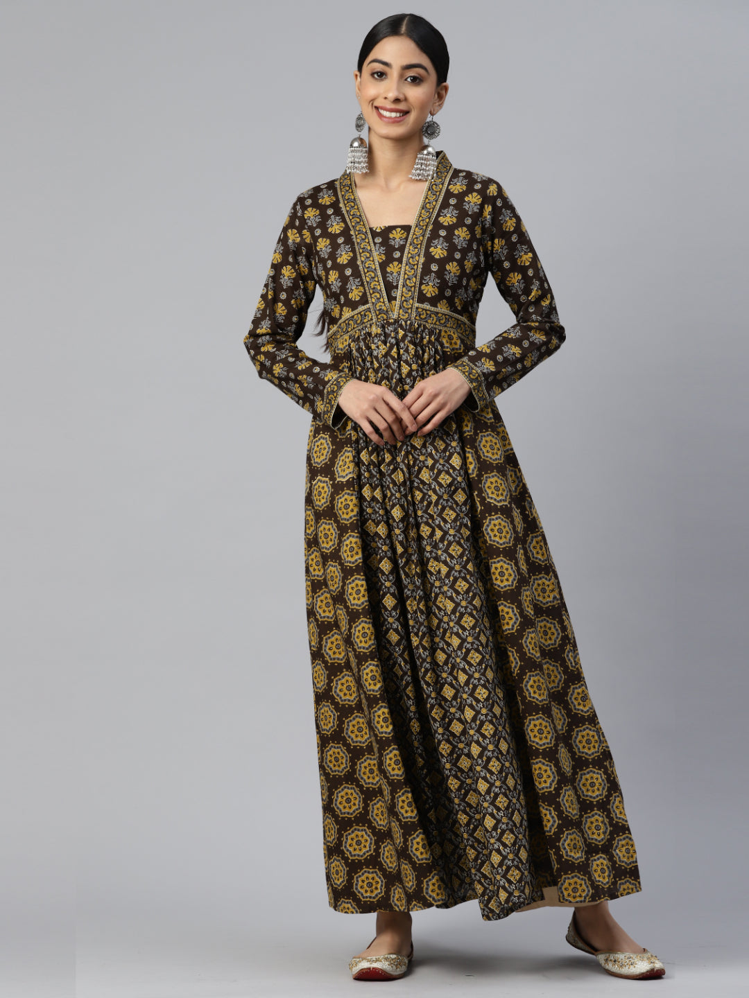 Brown Printed Anarkali Cotton Kurta