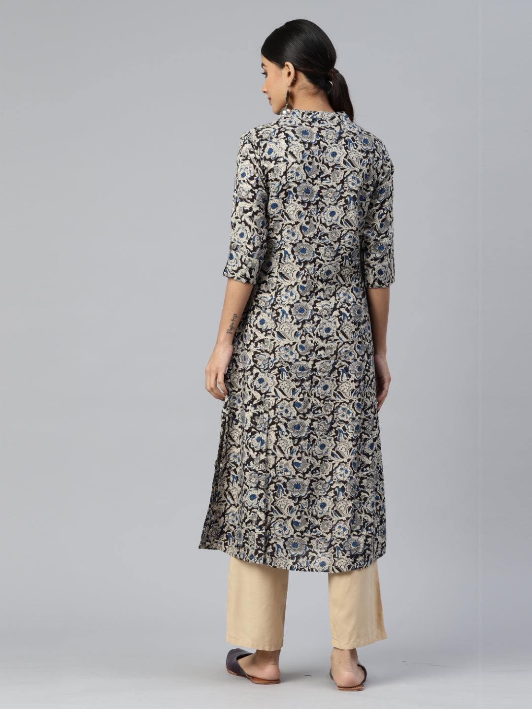 Blue Floral Print A-Line Rayon Kurta