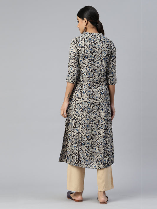 Blue Floral Print A-Line Rayon Kurta
