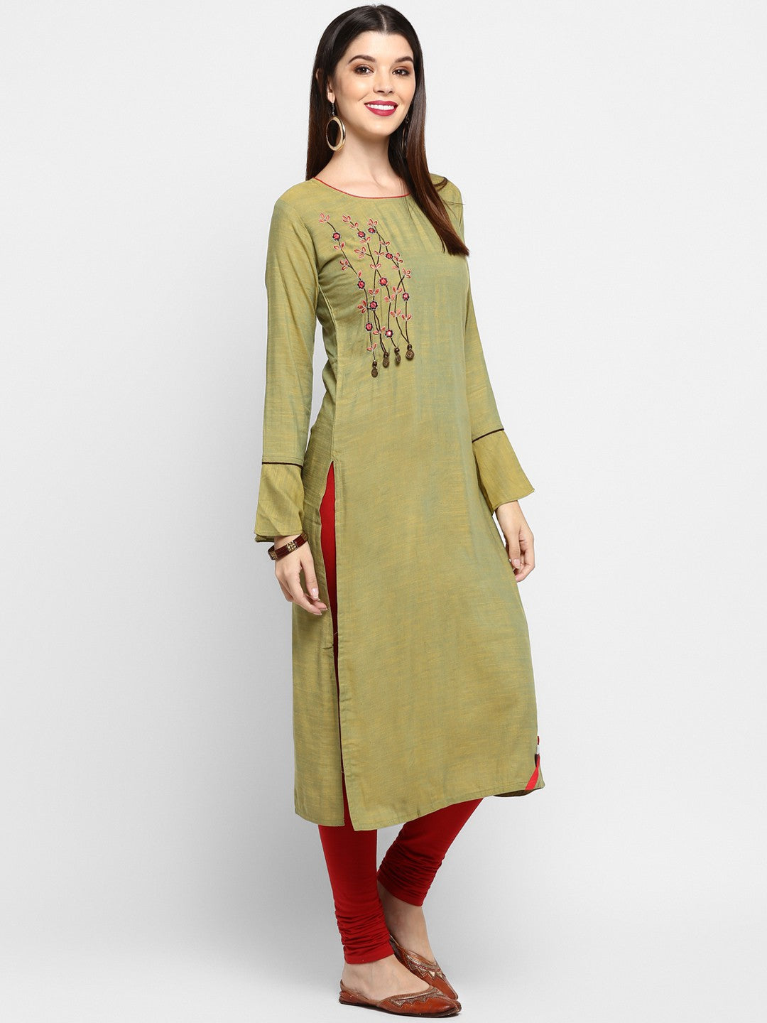 Mehendi Green Embroidered Rayon Straight Kurti