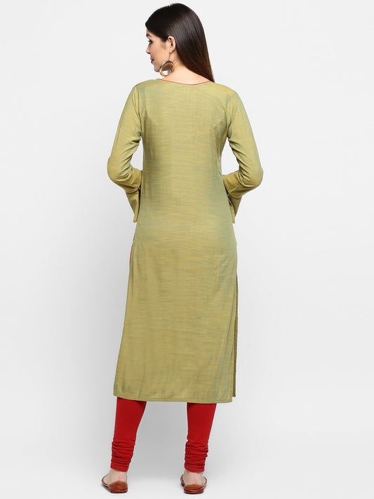 Mehendi Green Embroidered Rayon Straight Kurti