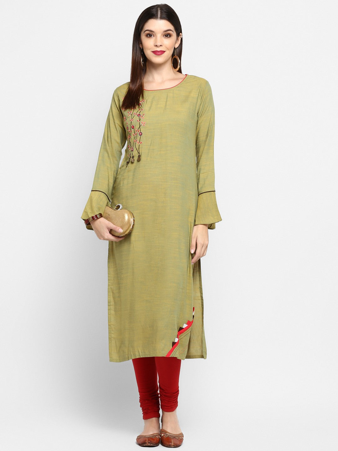 Mehendi Green Embroidered Rayon Straight Kurti