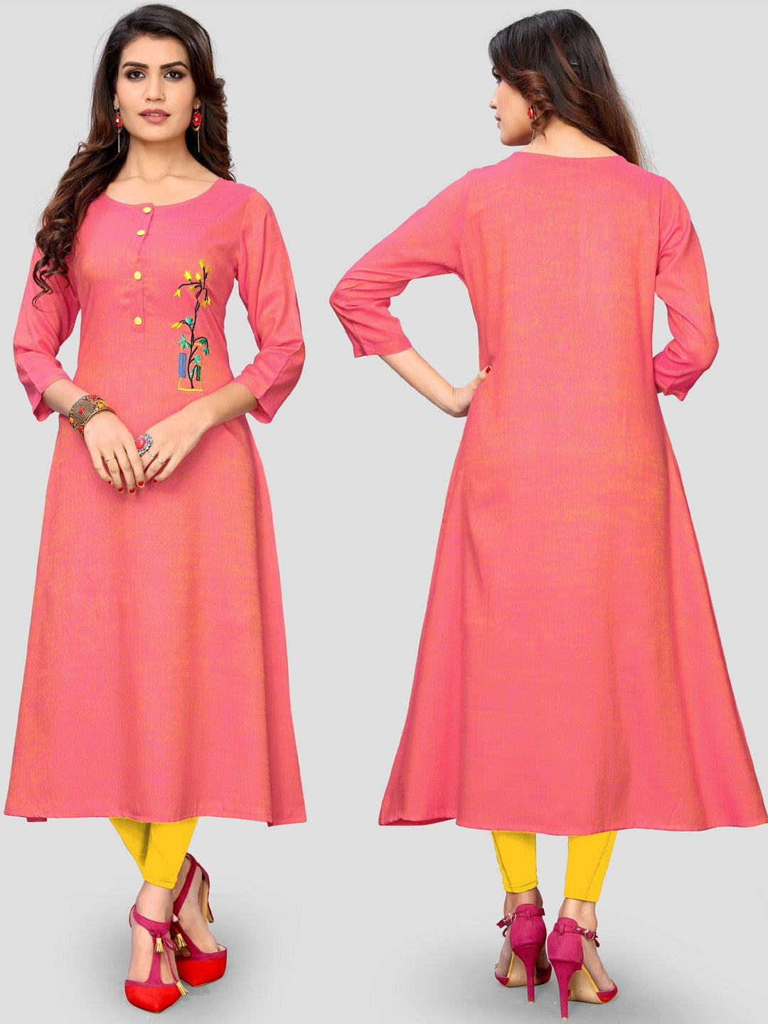 Light Pink Embroidered Rayon A-line Kurti