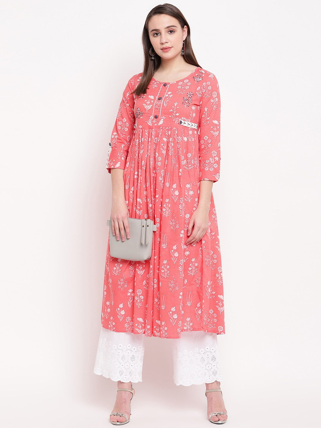 Light Pink Printed Anarkali Cotton Kurti