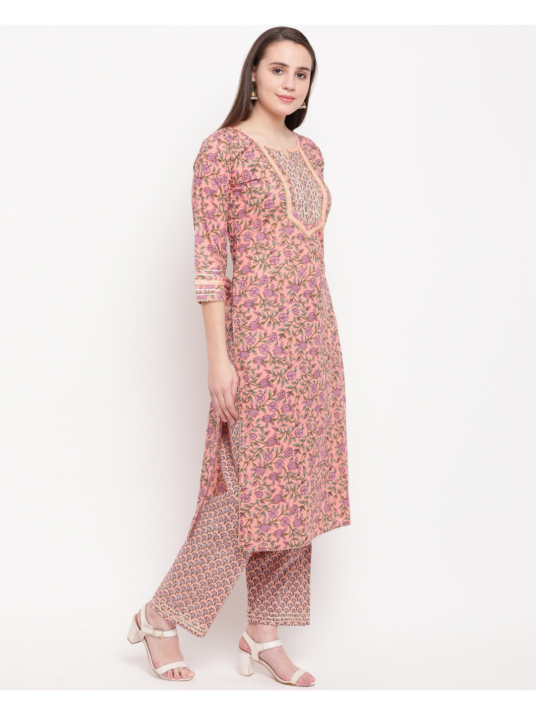 Peach Printed Straight Cotton Kurti Set