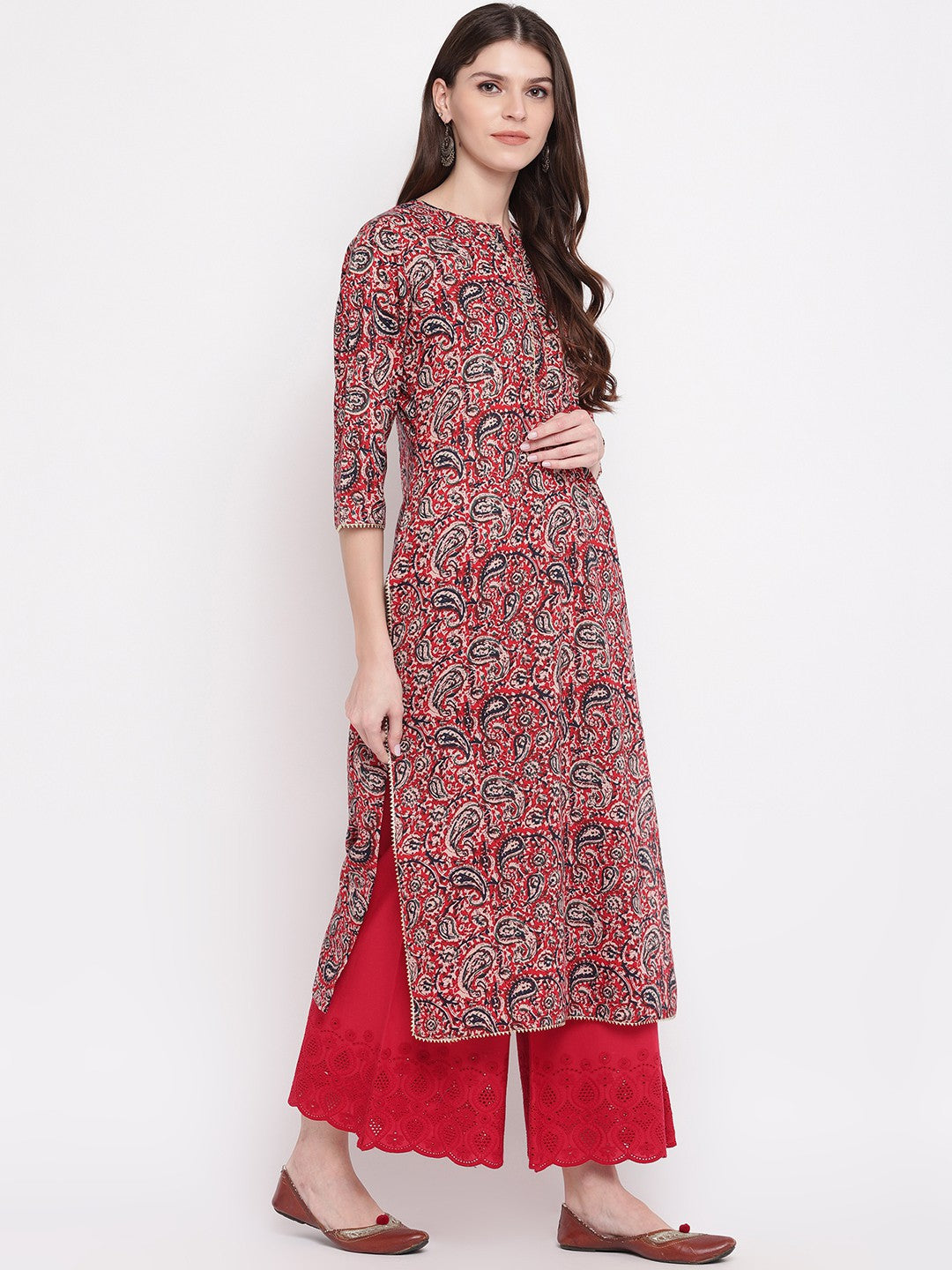 Red Kalamkari Print Straight Cotton Kurti