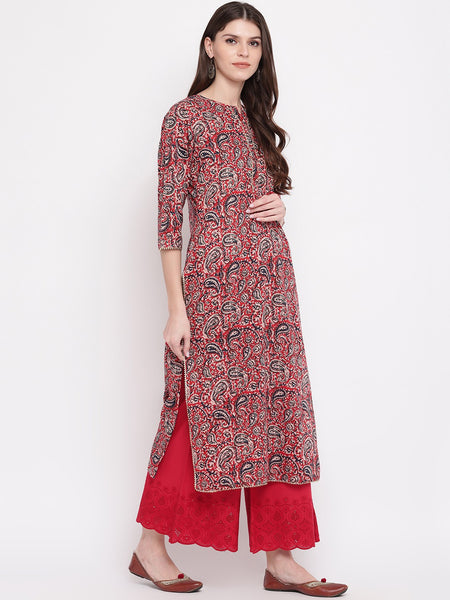 Red - Kalamkari Print Patchwork Cotton Unstitched Kurta Material (2.65m) 05