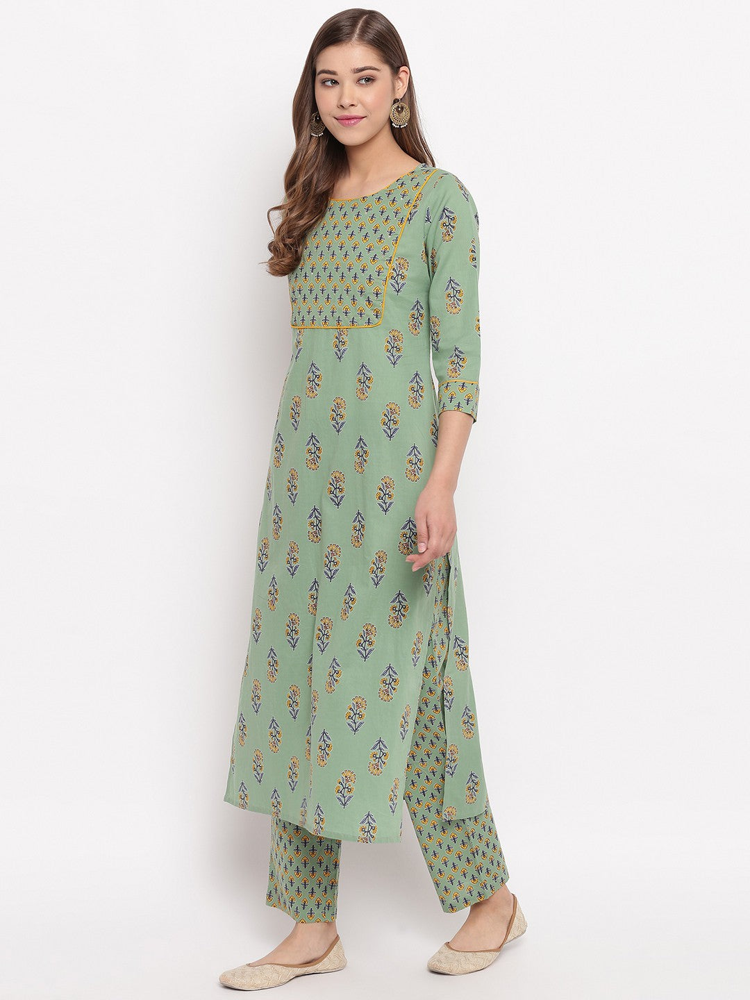 Pista Printed Straight Cotton Kurti Set