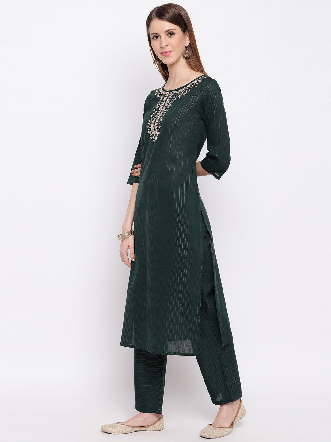 Dark Green Embroidered Straight Cotton Blend Kurti Set