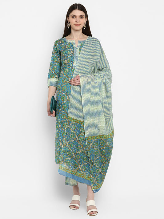 Blue Floral Print Straight Cotton Kurta Set