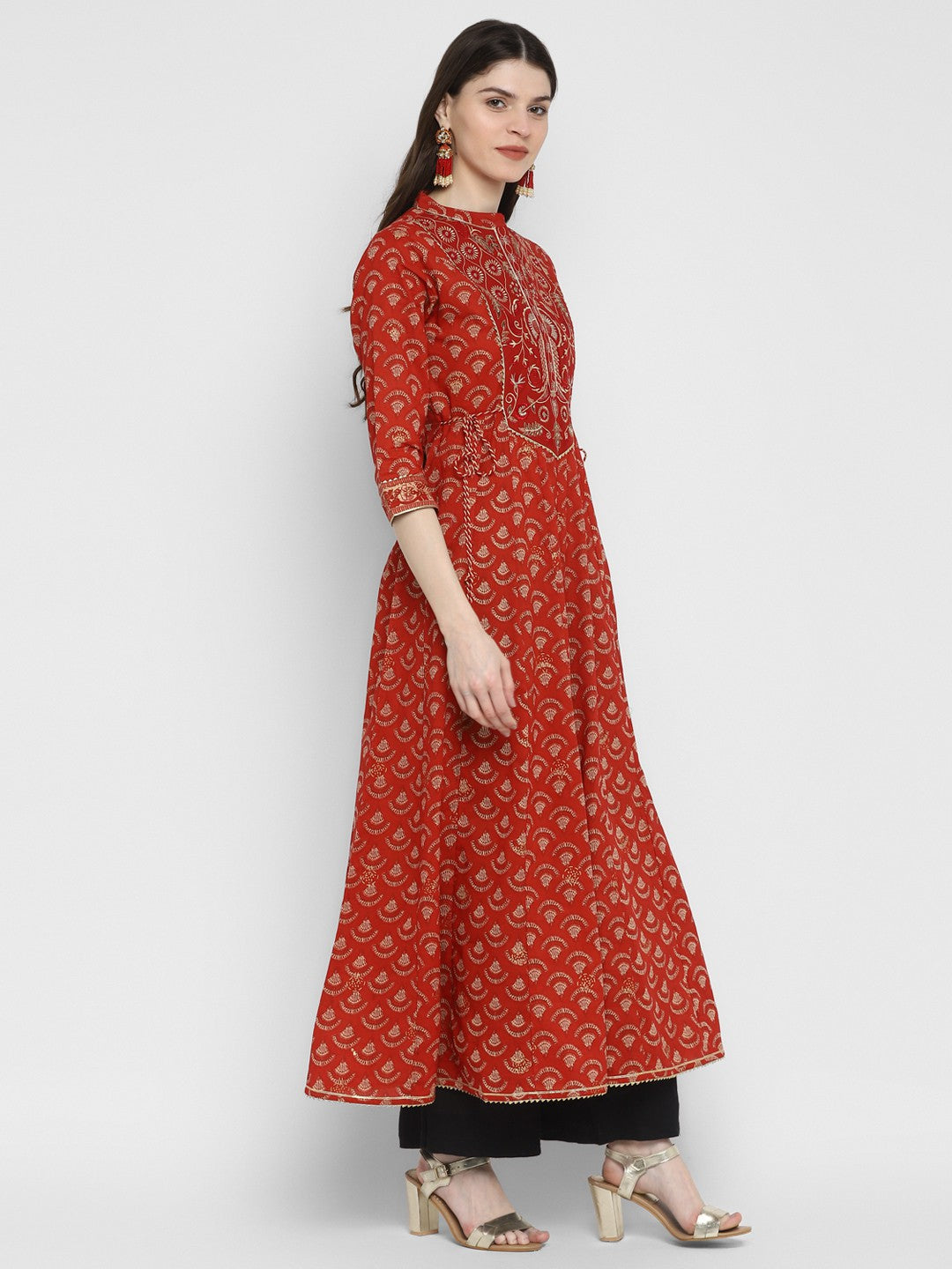Red Embroidered Anarkali Cotton Kurta