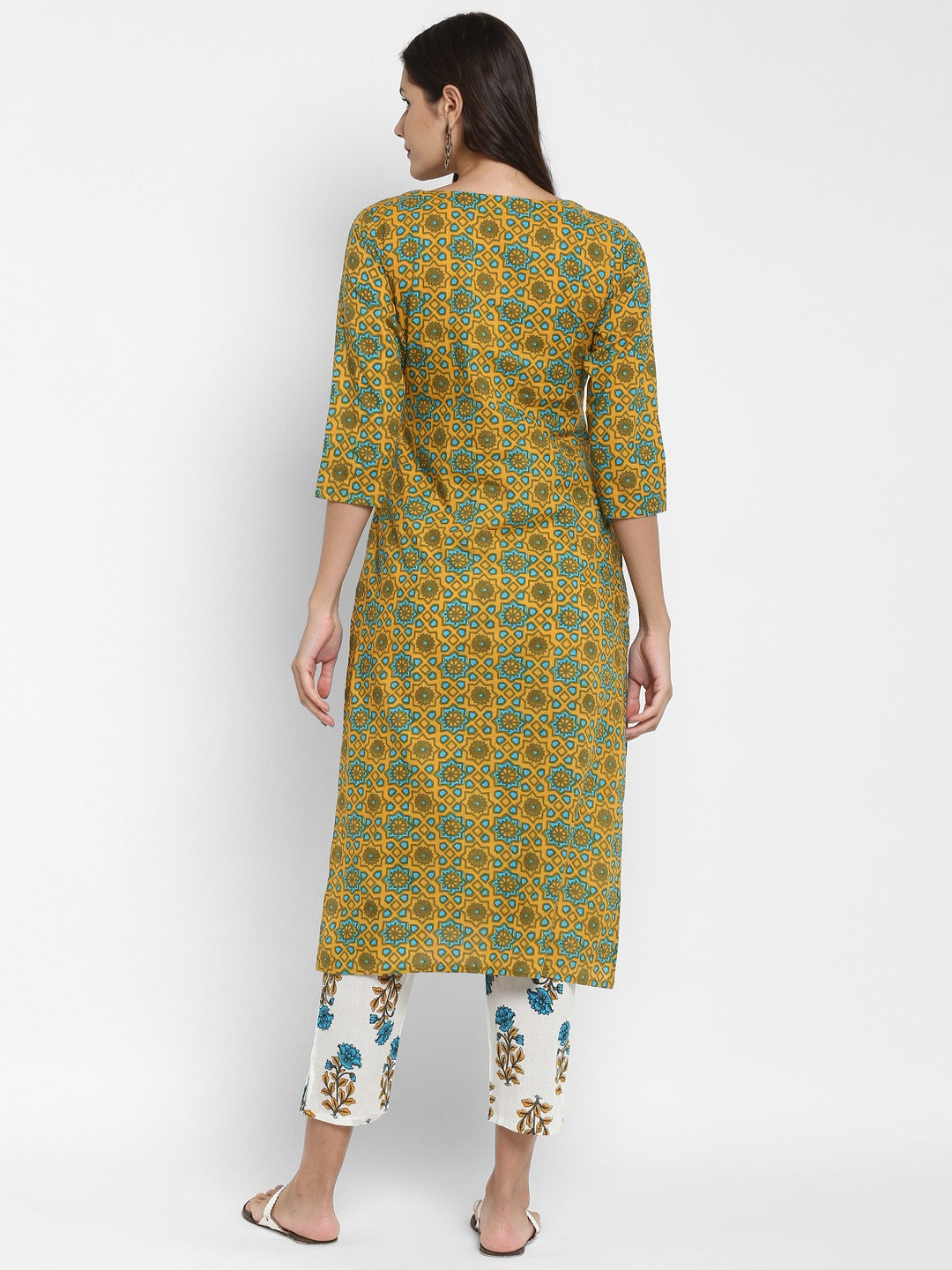 Mustard Embroidered Straight Cotton Kurta Pant