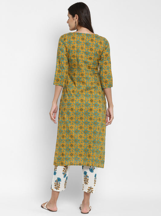 Mustard Embroidered Straight Cotton Kurta Pant
