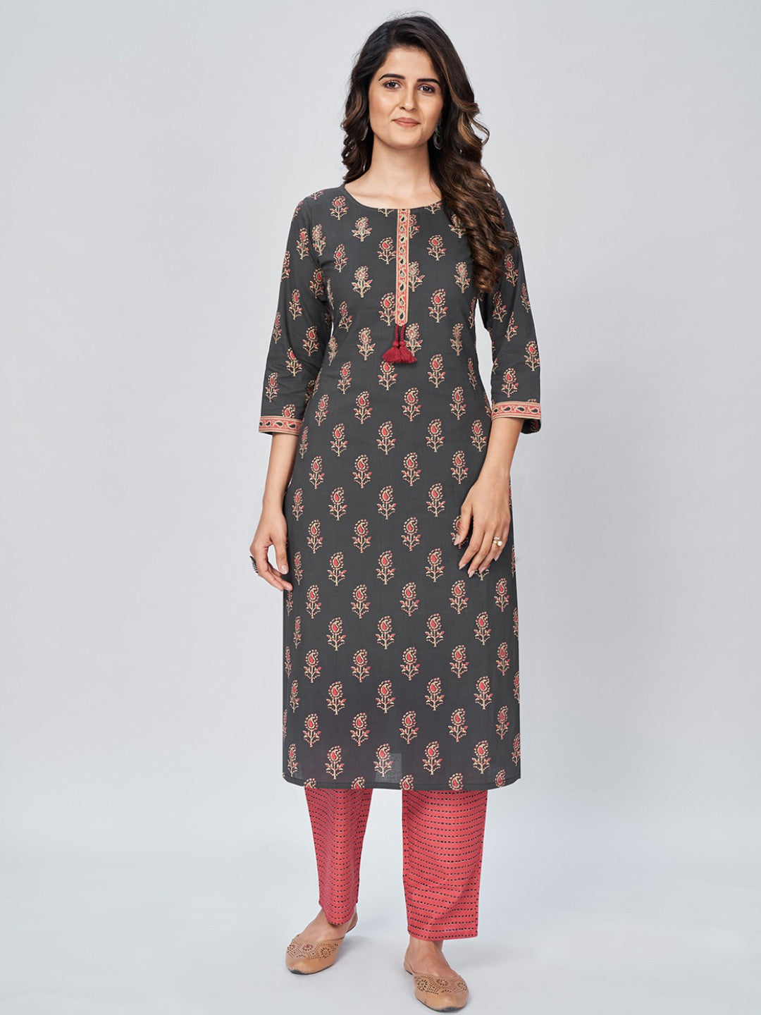 Grey Embroidered Straight Cotton Kurta Set