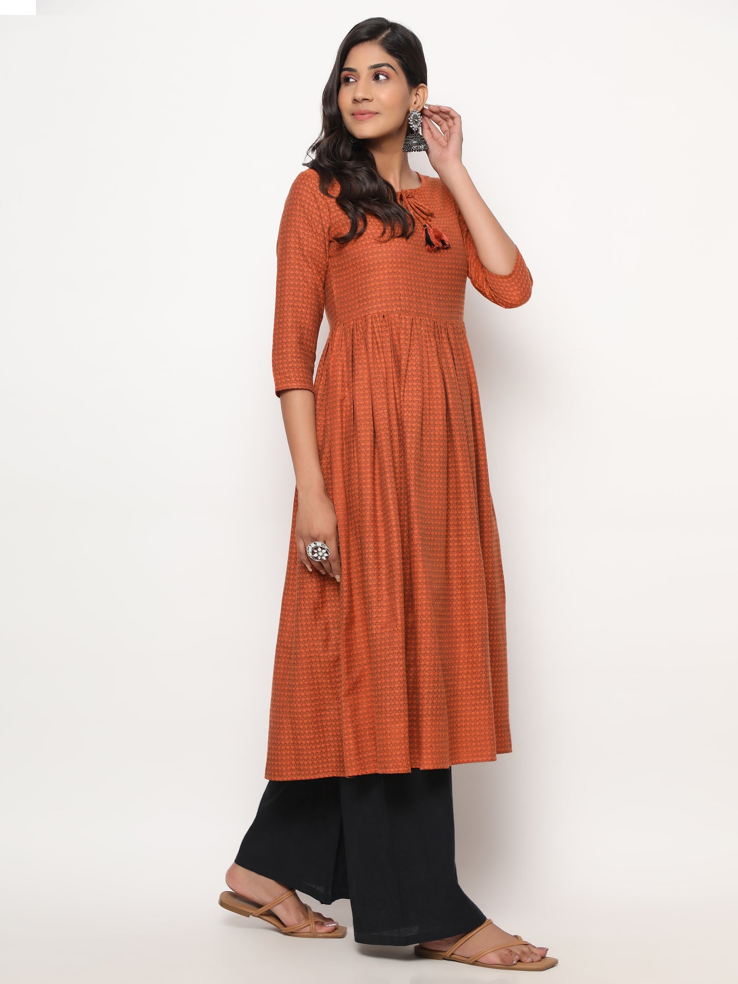 Orange Printed A-Line Yarn Dyed Kurta