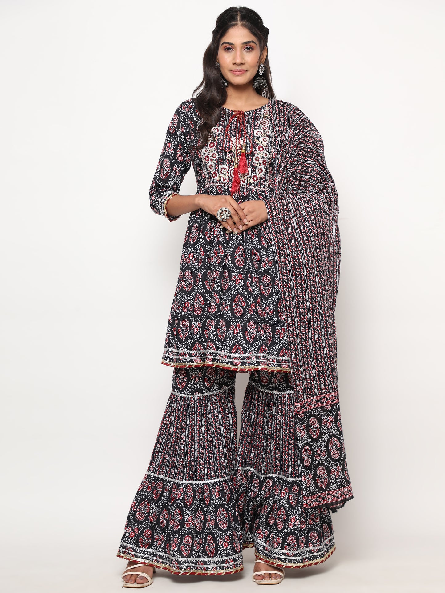 Black Flared Cotton Kurta Set