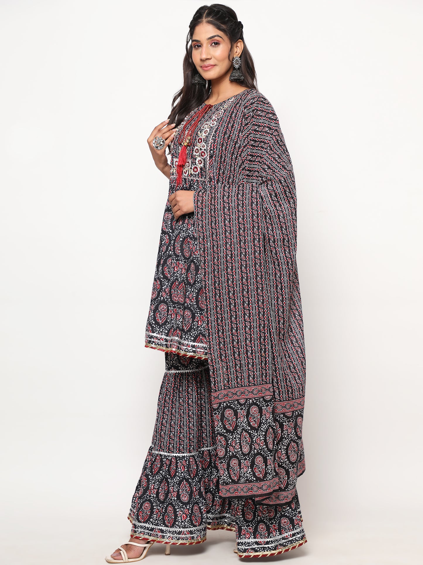 Black Flared Cotton Kurta Set