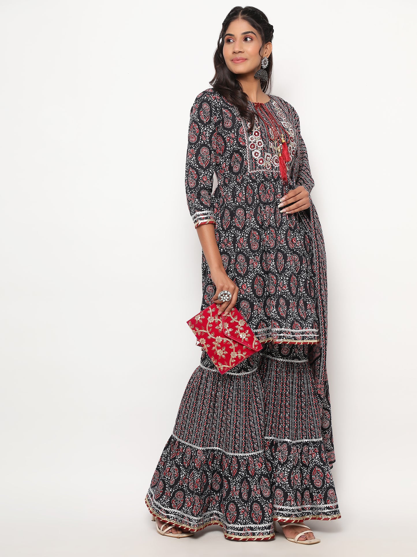 Black Flared Cotton Kurta Set