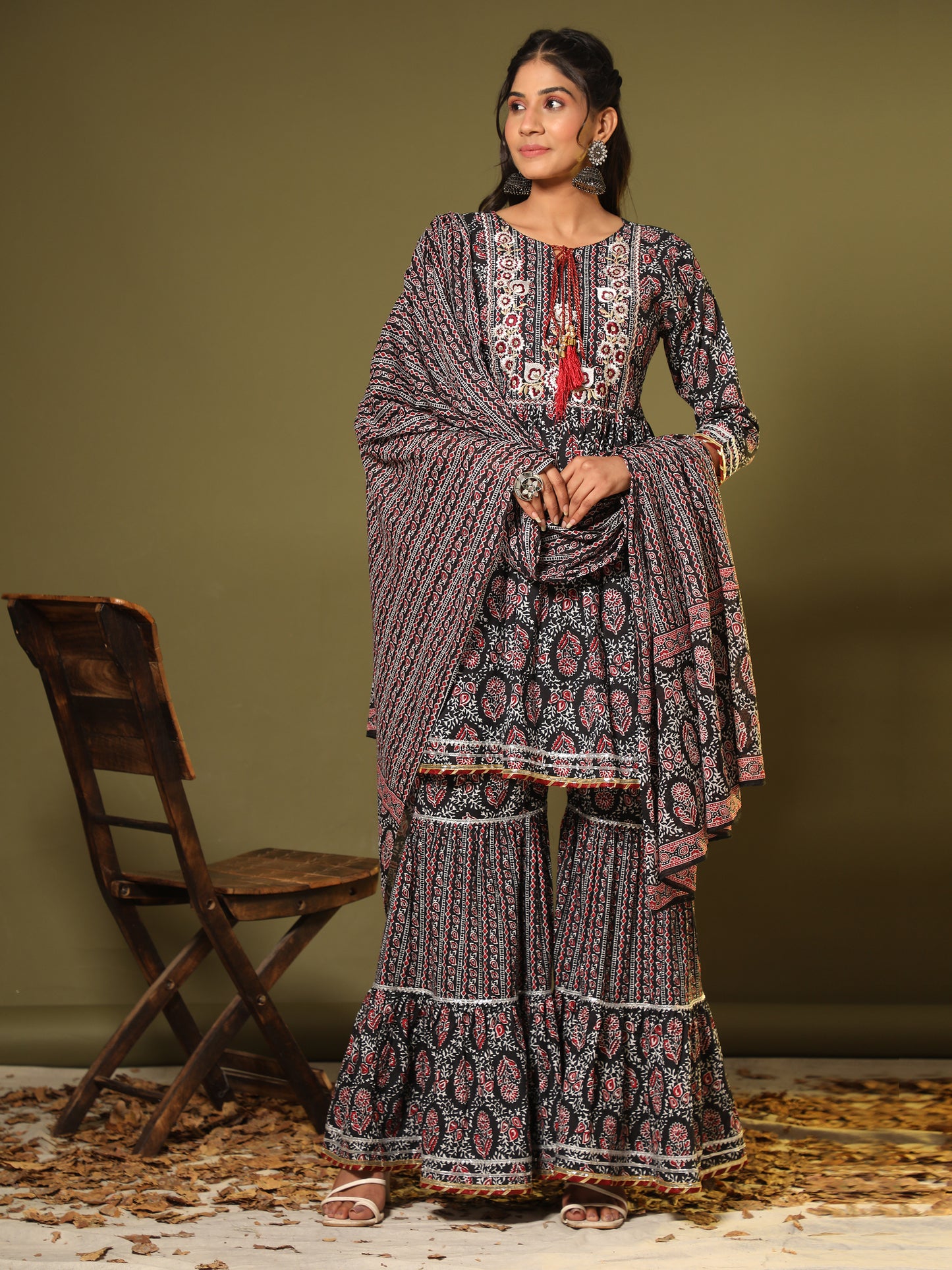 Black Flared Cotton Kurta Set