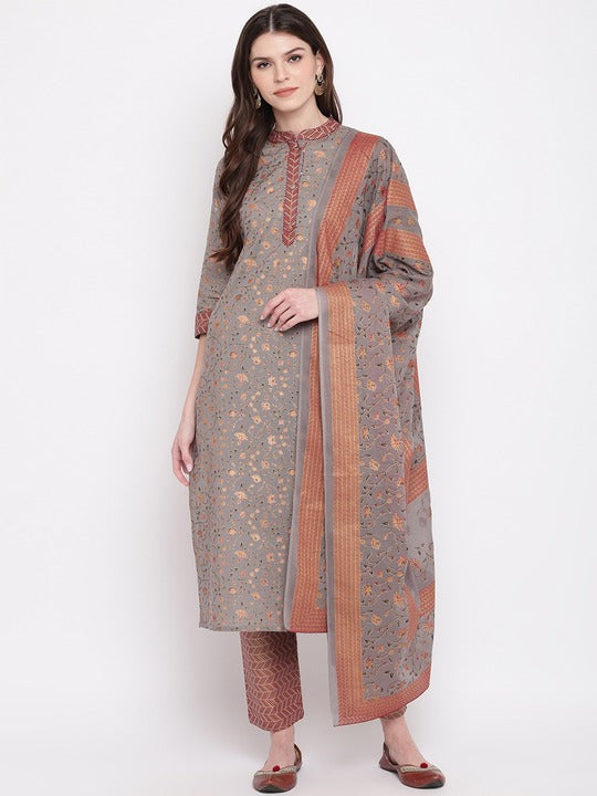 Grey Printed Straight Cotton Kurti Set