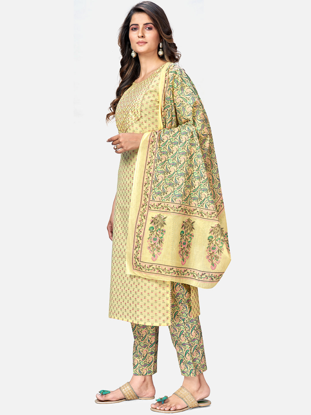 Yellow Embroidered Straight Cotton Kurta Set