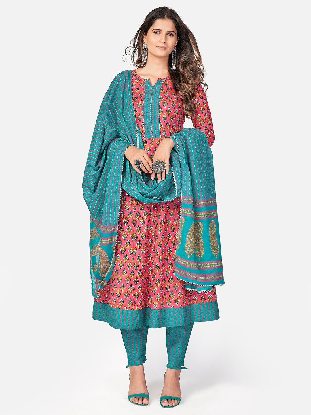 Pink Printed A-Line Cotton Kurta Set