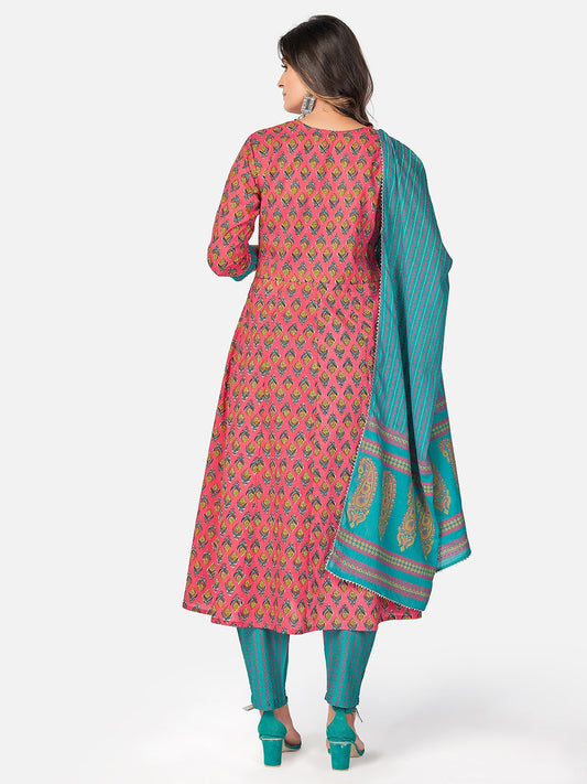 Pink Printed A-Line Cotton Kurta Set