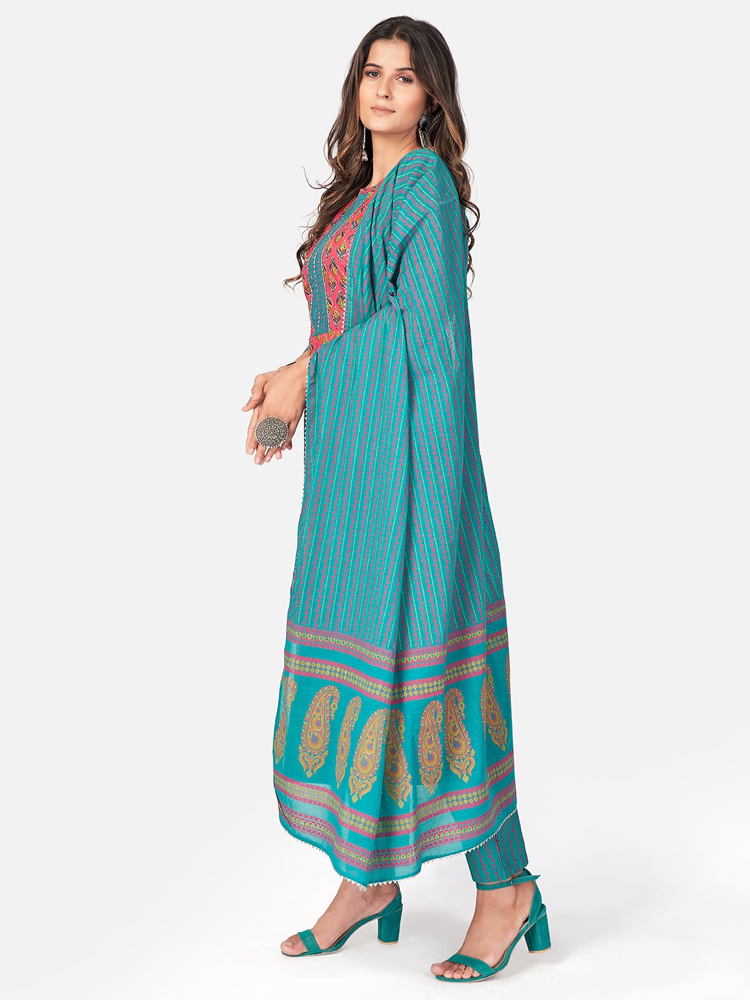 Pink Printed A-Line Cotton Kurta Set