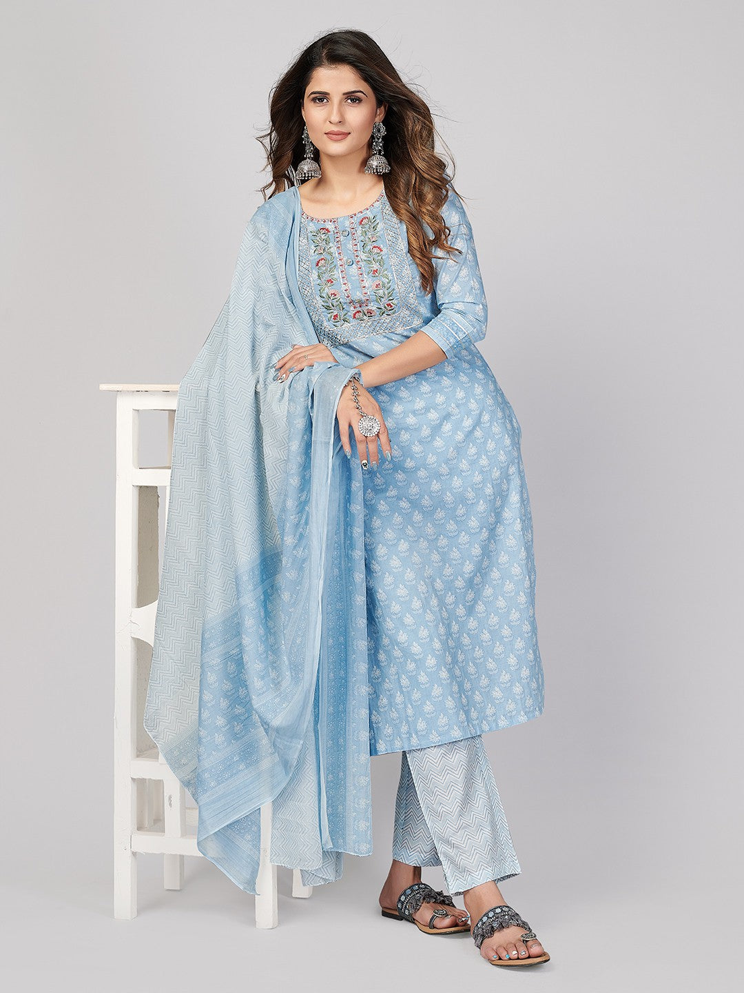 Sky Blue Embroidered Straight Cotton Kurta Set