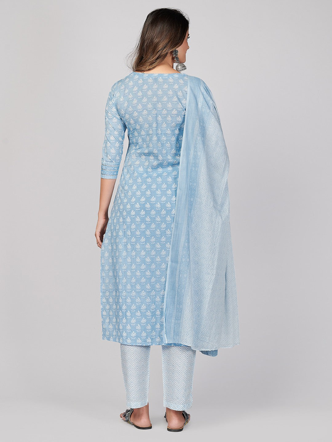 Sky Blue Embroidered Straight Cotton Kurta Set