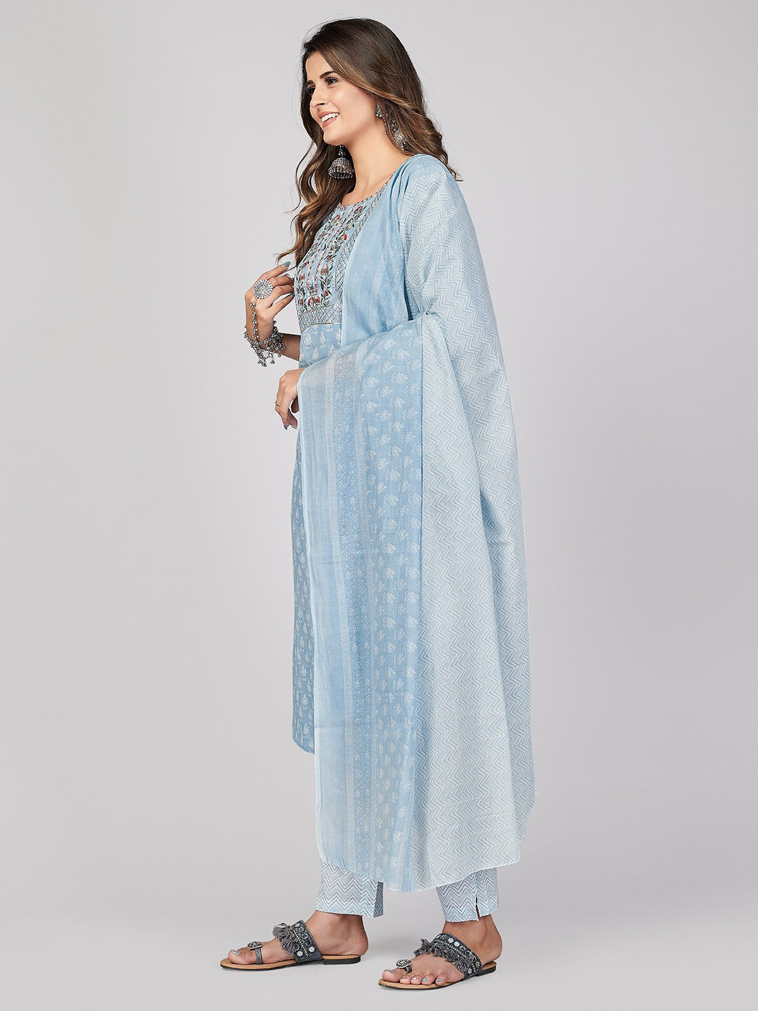 Sky Blue Embroidered Straight Cotton Kurta Set
