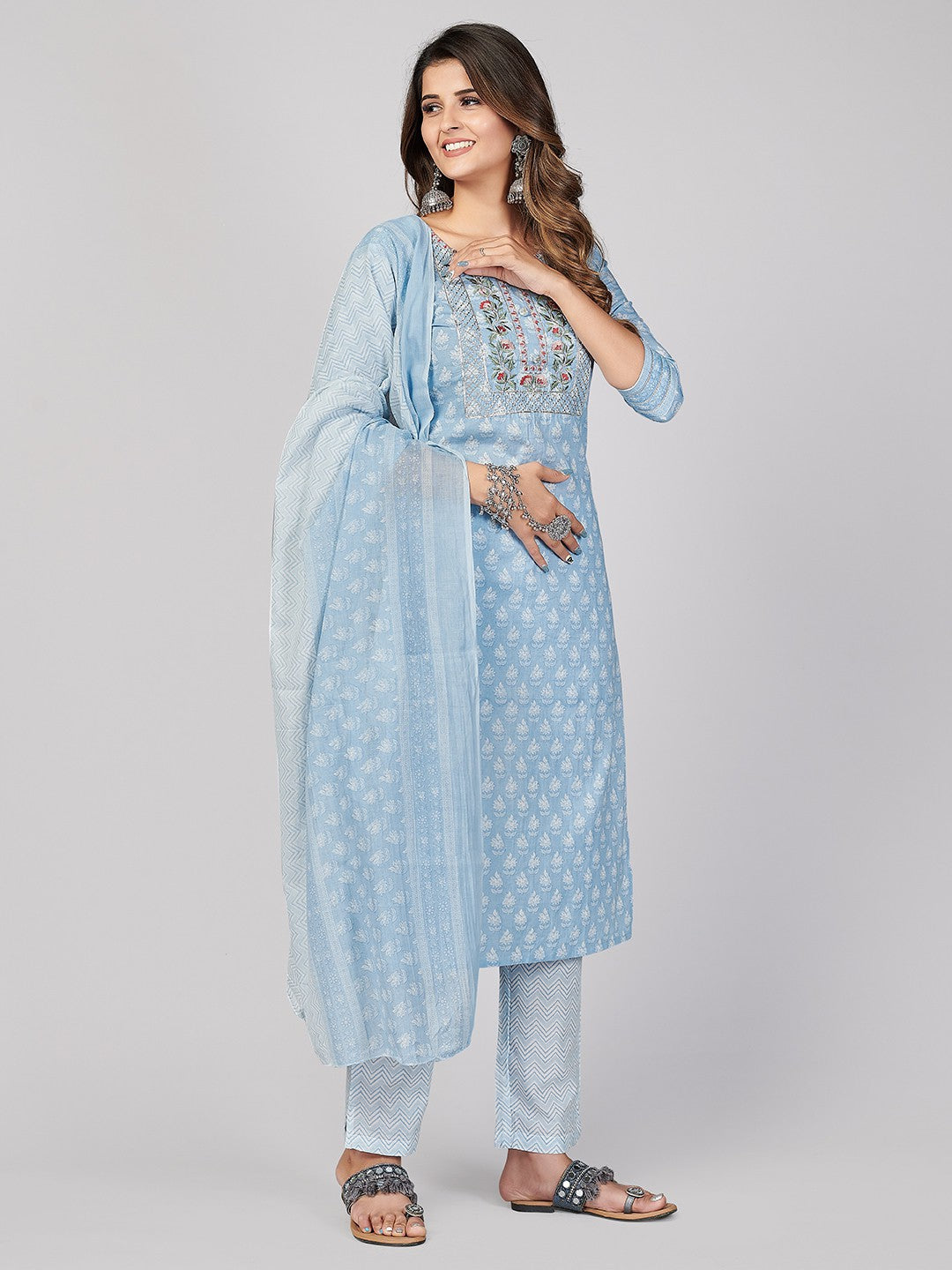 Sky Blue Embroidered Straight Cotton Kurta Set