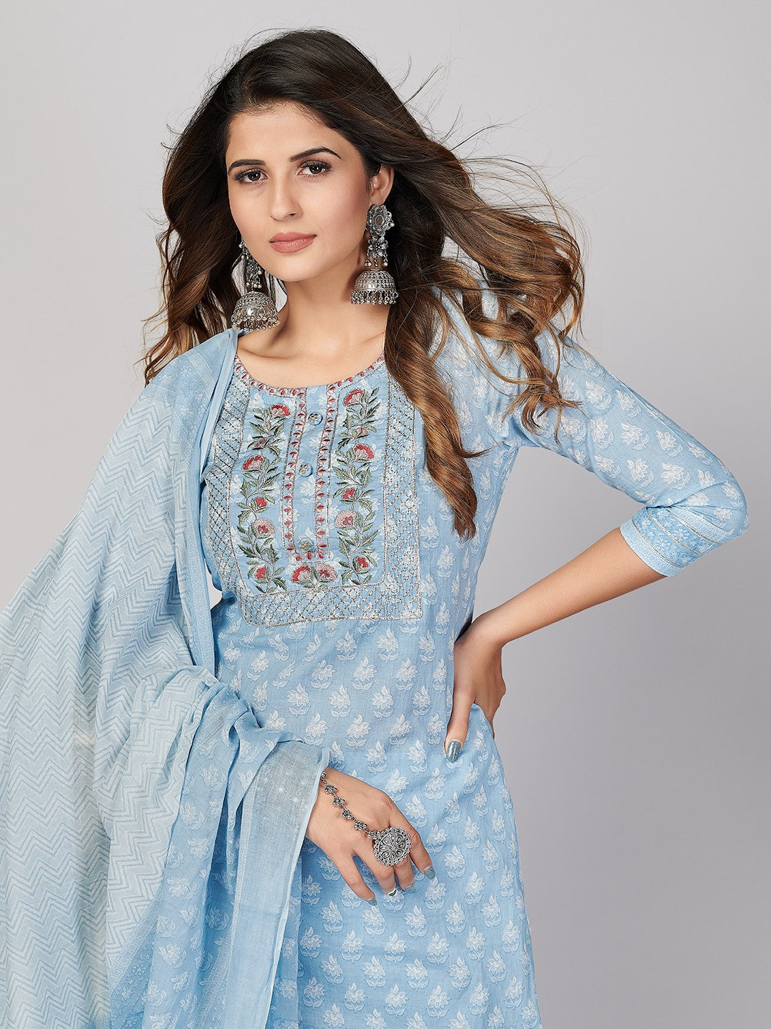 Sky Blue Embroidered Straight Cotton Kurta Set